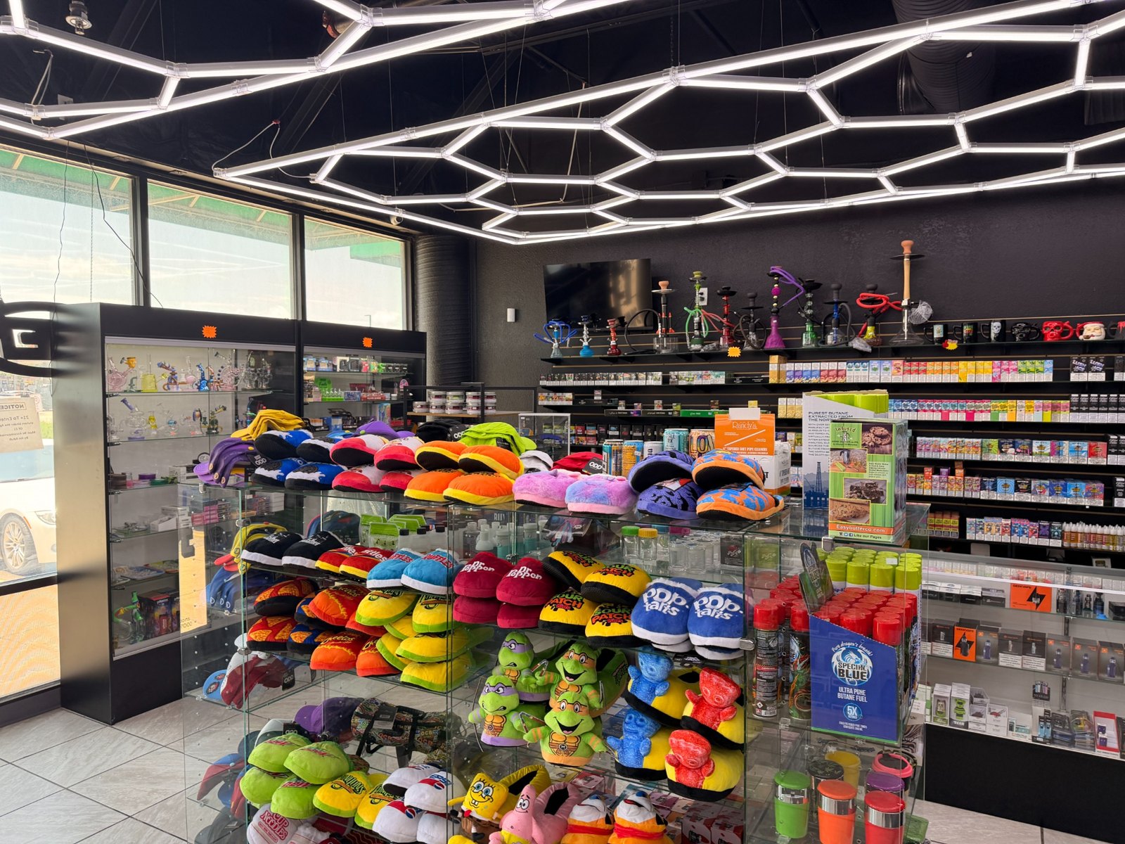 Hookahs and accessories near the front of the shop